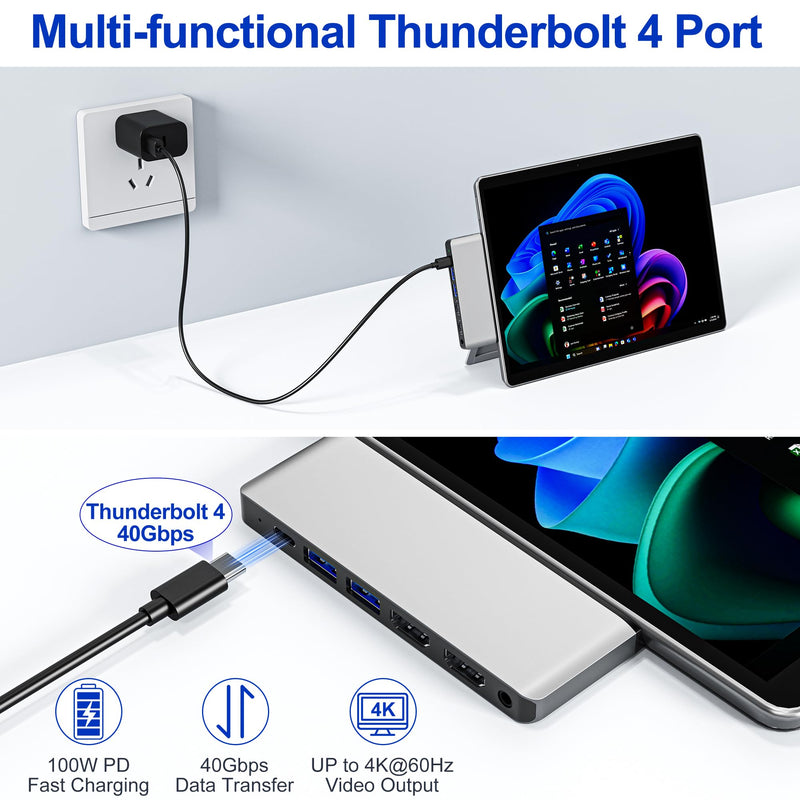 Surface Pro 9/10/11 Docking Station - 8-in-1 Triple Display Surface Pro 9/10/11 Accessories Adapter with Dual HDMI 4K, 1x USB C (100W, 40Gbps), 2x USB 3.0, SD/Micro SD Card Reader and 3.5mm Audio Jack Silver