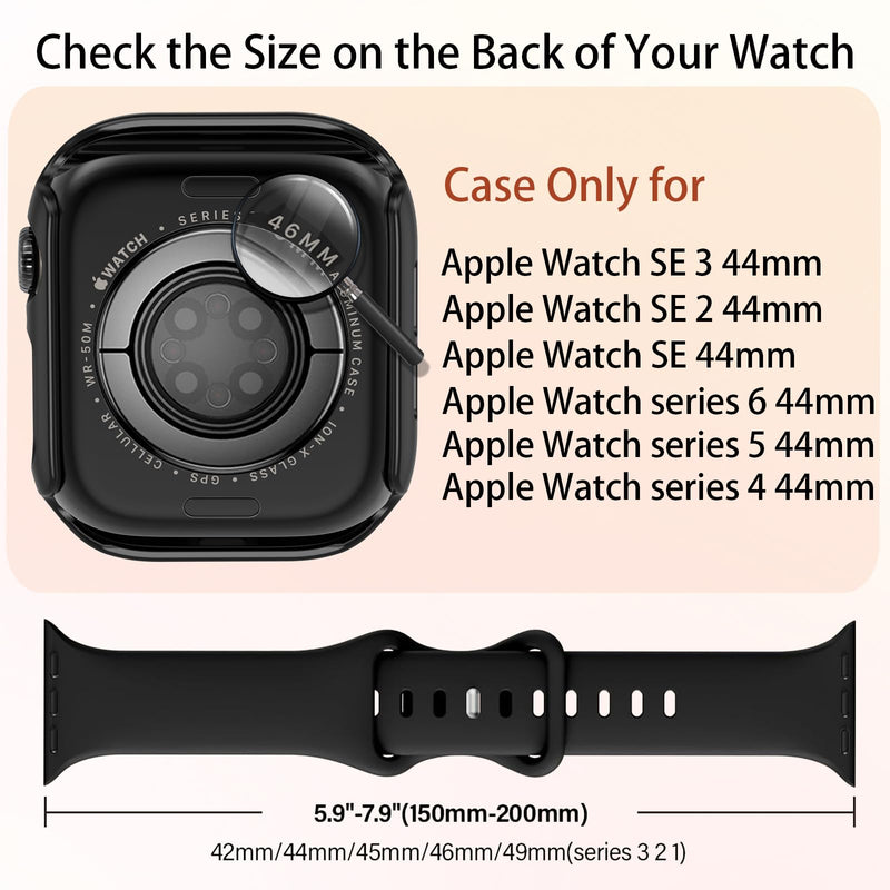 Case and Band for Apple Watch Band 40mm 41mm 44mm 45mm 42mm 49mm Women Men, Soft Silicone Replacement Strap, Protective Cover Screen Protector for iWatch Series 9 8 7 6 5 4 SE Ultra Black 44mm(Series 6/5/4/SE)