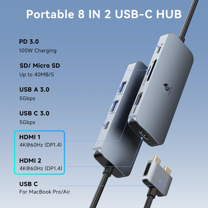 Docking Station for MacBook Pro Air, LIONWEI USB C Docking Station Dual Monitor, Dual HDMI Adapter Hub for Mac MacBook Pro with 2 HDMI, 3 USB 3.0, SD TF Card Reader and 100W PD USB C Charging Port Gray