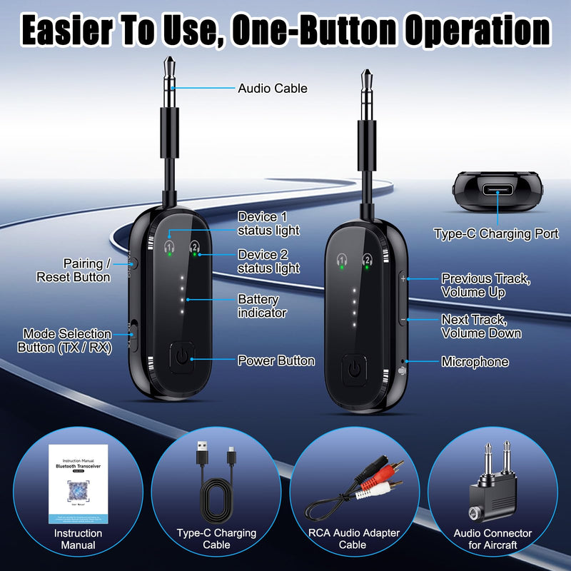 2026 Upgrade Pro Bluetooth 6.0 Transmitter Receiver – 2-in-1 Adapter | For TV, plane, gym, car & home. Dual Link for 2 headphones. Low latency, stable. Works with all AirPods & wireless headphones Black