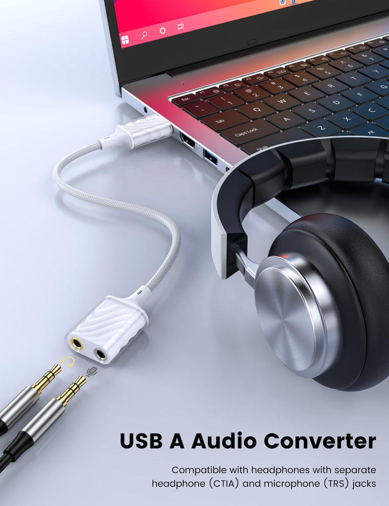 MOSWAG USB to 3.5mm Audio Adapter, External Stereo Sound Card with Dual TRS 3-Pole 3.5mm Headphone and Microphone Jack Adapter for PS4/PS5/PC/Laptop, Built-in Chip Mic-Supported Headphone Adapter 1 Pack white
