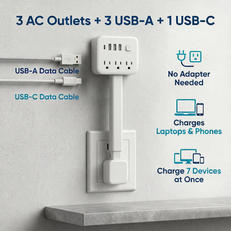 GIRAVO Extendable Outlet, Wall Plug Extension for Behind Couch, Sofa | 17.5-25.6in, 180 Degree Rotating Plug, 3 AC Outlets, 2 USB-A + 1 USB-C