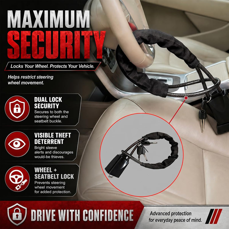 Car Steering Wheel Lock with 3 Keys, Thickened Steel Cable Automotive Anti-Theft Device, Universal High Visibility Vehicle Seat Belt Security Lock for Most Trucks, SUVs, Cars (Black) Black