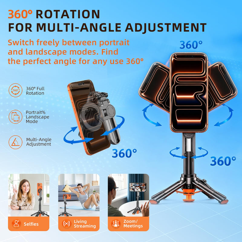 Upgrade 19" Mini Magnetic Selfie Stick Tripod for iPhone MagSafe & Android, Auto-Open Pocket Size Phone Tripod with Remote, 360° Rotatable Portable Selfie Stick for Video Recording & Travel