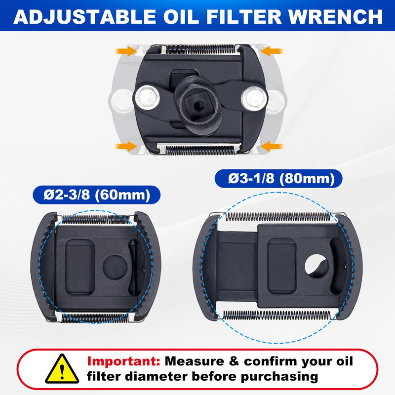 Spurtar Adjustable Oil Filter Wrench 2-3/8 to 3-1/8 inch 60-80mm Universal Oil Filter Removal Tool 1/2'' Drive Cap Style Oil Filter Tool Perfect Fits Small Medium-sized Spin-on Oil Filters UTV JetSkis