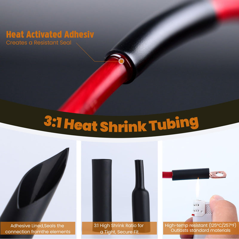 TKDMR 176 Pcs Thick Copper lugs，Electric Wire Lugs，AWG2 4 6 8 10 12Gauge，88Pcs Tinned Heavy Duty Battery Cable Ends Ring Terminal Connectors with 88Pcs 3:1 Heat Shrink Tubing Assortment Kit Tinned Copper