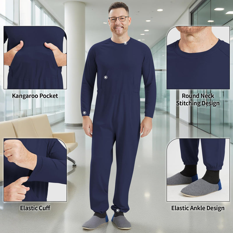 Anti Strip Clothing Adaptive Jumpsuit with Easy Access Back Zipper Pajamas for Elderly & Dementia Patients Navy Blue X-Large