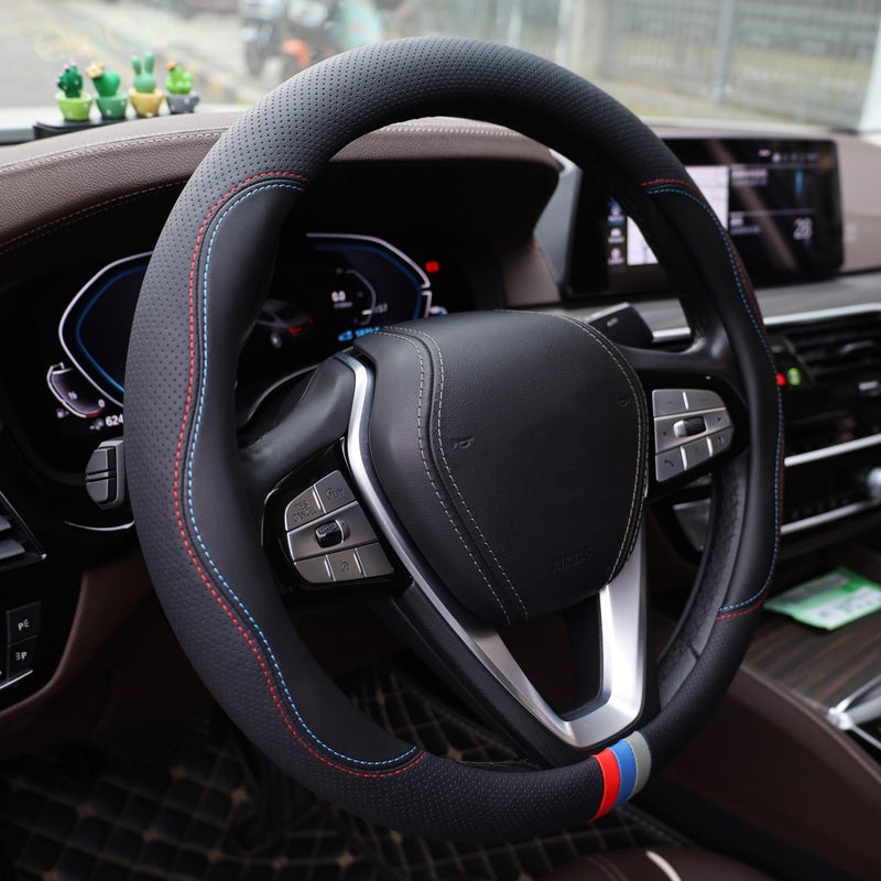  [AUSTRALIA] - Car Steering Wheel Cover for BMW X3 X5 X7 3 5 Series 328i 528i 535i 530i 540i 320i 330i 325i X1 X2 X4 X6 1 2 4 6 7 8 Series e90 e60 f30 Accessories, 2026 Leather Black (Red Blue)