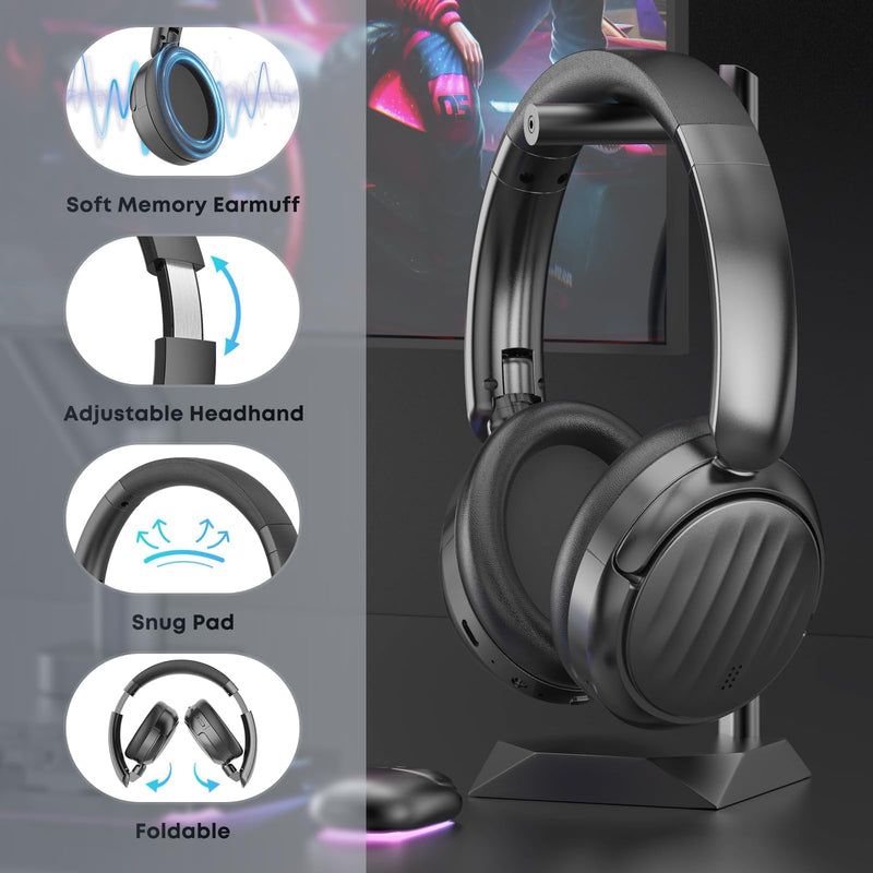 Bluetooth Headphones, Hybrid Active Noise Cancelling Over Ear Headphones | 35H Playtime, HiFi Stereo Foldable wireless Headphones with Foam Ear Cups for Sports, Office, Travel Solid black