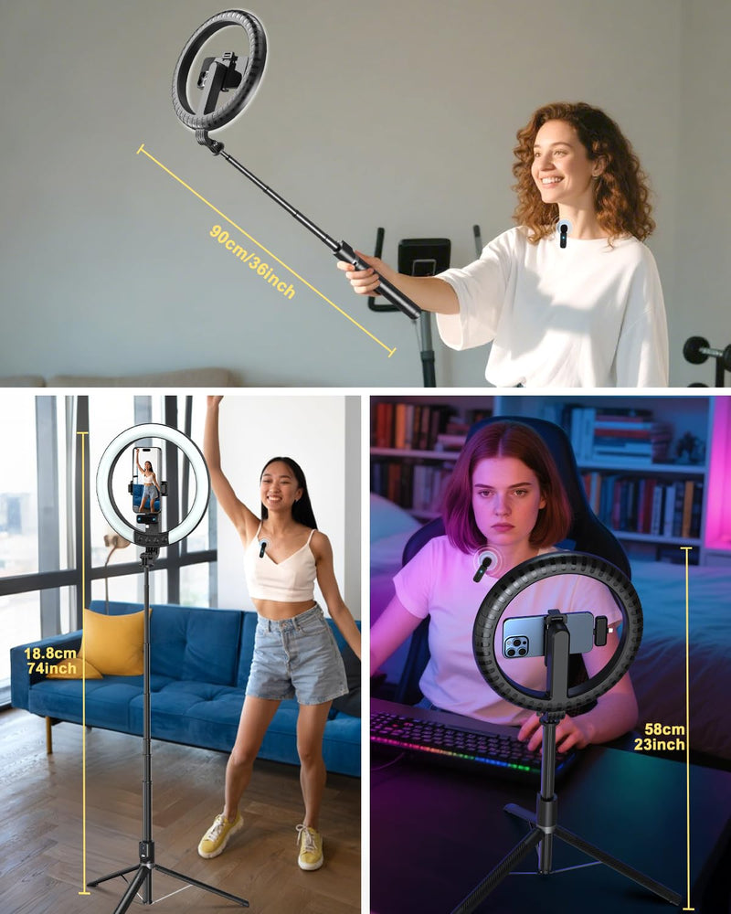 Vlogging Kit for iPhone/Android, 10” Ring Light with Stand, 74” Tripod for iPhone with Light, Microphone, YouTube Starter Kit for TikTok Content Creator 74"