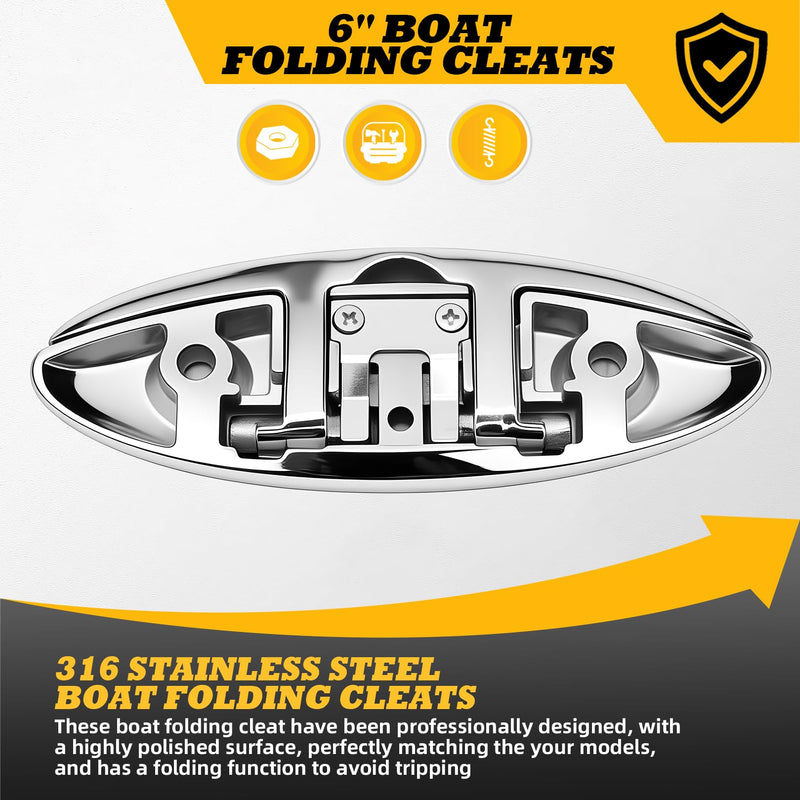 2pcs 6 inch 6" Dock Cleats Marine Boat 316 Stainless Flip Up Cleats Folding Cleat with Screws and Nuts 6" 2pcs