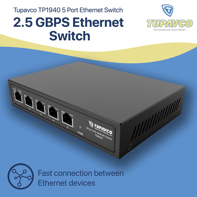 2.5GB Switch (5 Port) for Ethernet Network - High Speed 10M/100M/1G/2.5G Gigabit (802.3bz) - Unmanaged Plug & Play Fanless LAN Splitter - Metal Case - Wall Mountable - Tupavco TP1940 5 x 2.5G Ports (no PoE)