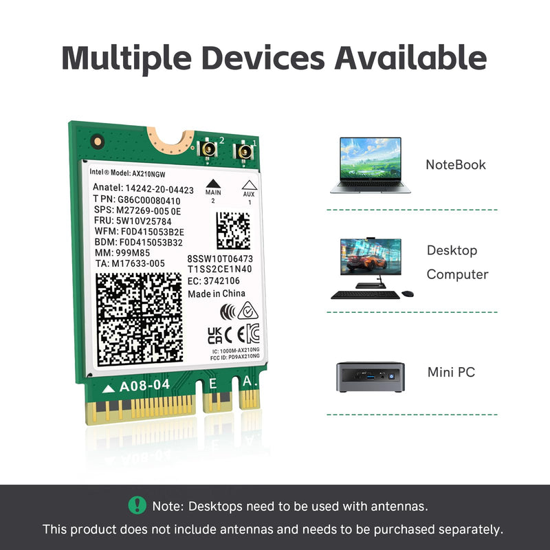 WiFi 6E AX210 NGW Wireless Card M.2 2230/NGFF WiFi 6E Laptop Module with Bluetooth 5.3, 5400Mbps Tri-Band AX210 WiFi Chip Adapter, Ultra-Low Latency, Supports Windows 11/10 (64bit only)