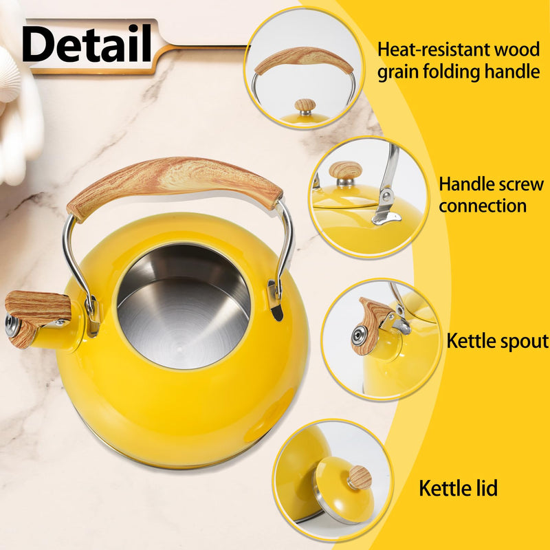 Tea Kettle,Whistling Tea Kettle Stovetop 2.6 Quart, Tea Pots for Stove Top Food Grade Stainless Steel,Wood Pattern Handle(Yellow),With Anti Scald Towel Yellow