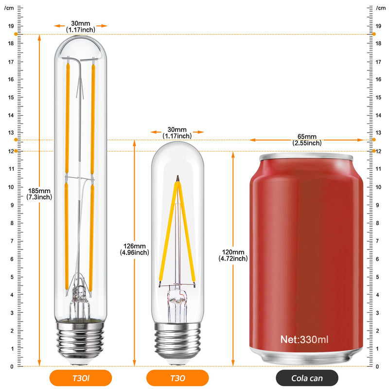 Tubular Light Bulb 7.3 Inch Dimmable T10 LED Bulb E26 6W 60 Watts Edison Bulbs 2700K Solf White,185mm Long for Wall Sconces, Pendant, Livingroom, 8-Pack T30L 8-Pack