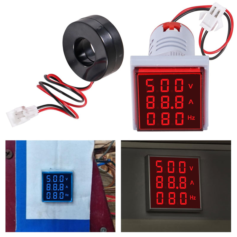 3PCS Square LED Digital Voltmeter Ammeter Hertz Meter AC20-500V Signal Lights Voltage Current Frequency Combo Meter Indicator Tester with CT（White+Blue+Red） White+Blue+Red
