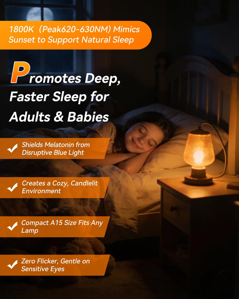 Neporal 1800K Amber Sleep Light Bulbs 8PK, 99.96% Blue Blocking Soft Warm Light Bulbs for Melatonin Promoting, A15 6W 40W Equivalent Amber Night Light E26 for Bedroom, Baby Nursery, Reading 8