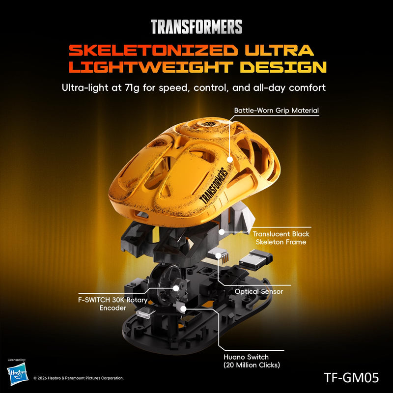 Transformers TF-GM05 Wireless Gaming Mouse, 71g Ultra-Light Hollow Mecha Design, Tri-Mode Bluetooth/2.4G/Wired, 12800 DPI, Huano Switches, PAW3311 Sensor, RGB, USB-C Rechargeable (Bumblebee Yellow) Bumblebee Yellow