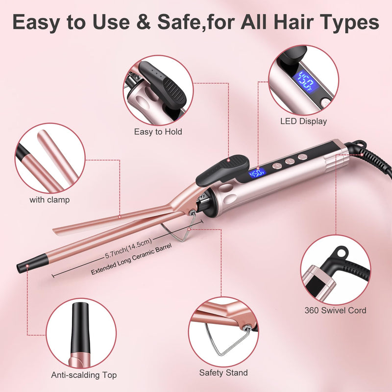 JAETON Curling Wand 9MM, Thin Curling Iron for Tight Curls with Clamp | Hair Curler for Long&Short Hair, Tourmaline Ceramic Barrel 30-Second Heat-Up, Pro Curling Tongs, 14 Temp 100℃-230℃