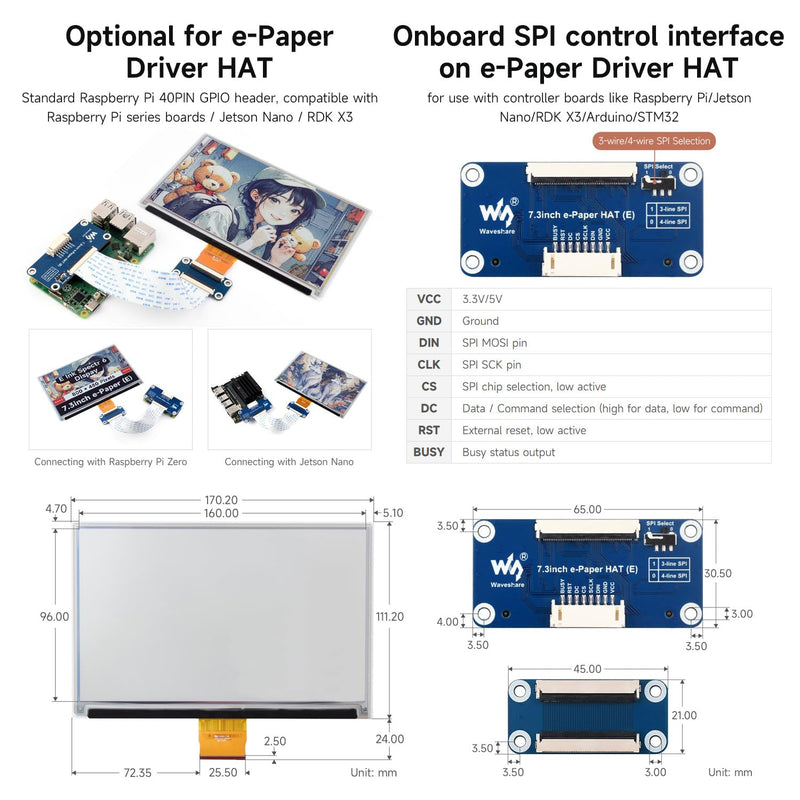 Waveshare 7.3inch 6-Color E-Paper Display Module, Compatible with Raspberry Pi 5/4B/3B/Zero/Zero W/Zero 2W/Pico/Pico W/Pico WH, Support Jetson Nano/Jetson Orin Nano