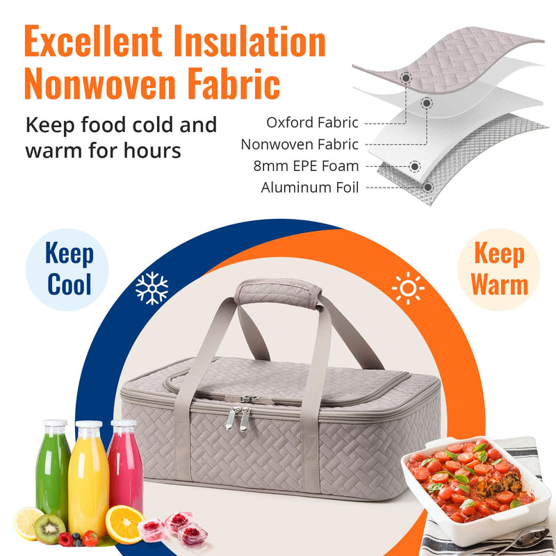 Insulated Casserole Carrier - Portable Casserole Carrier for Hot or Cold Food, Lasagna Holder for Parties,Picnic,Cookouts,Traveling - Fits 9" x 13" Baking Dish (Grey) Grey 16*10*4inch