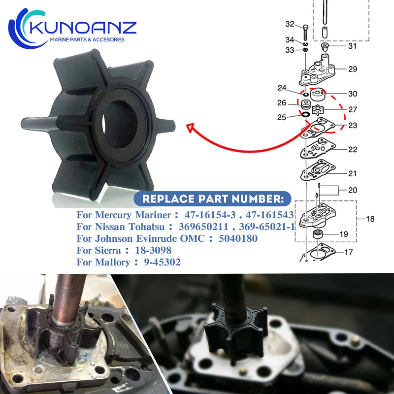 369-65021-1 369650211 Water Pump Impeller For Nissan Tohatsu 2/2.5/3.3/3.5/4/5/6 HP 2/4 Stroke Outboard Sierra 18-3098 Mercury Mariner 47-16154-3/161543 2HP 2.5HP 3.3HP 3.5HP 4HP 5HP 6HP 1/2 Cylinder
