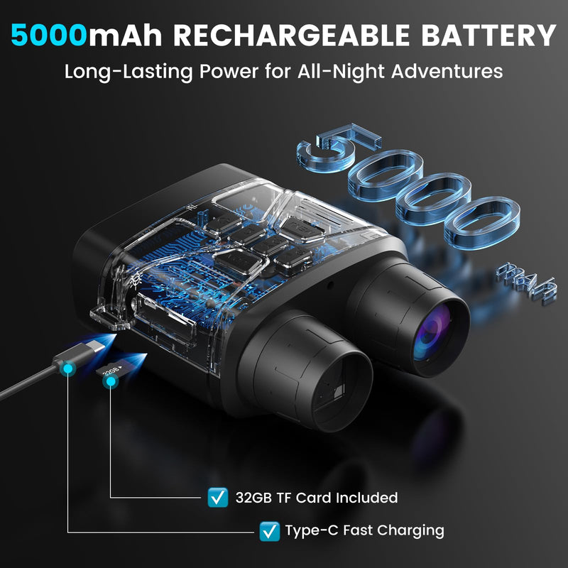 Night Vision Goggles for Adults, 4K Night Vision Binoculars with 5000mAh Rechargeable Battery and 32GB TF Card for Hunting, Wildlife Observation and Security Dark Black