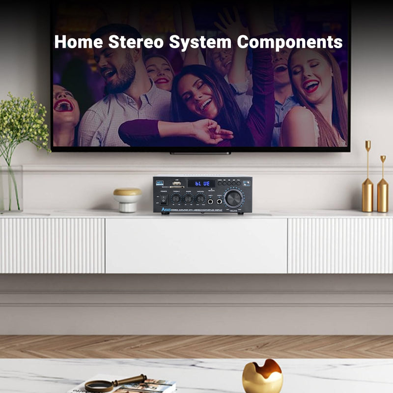Bluetooth Stereo Receiver &Home Audio Amplifier, 300Wx2 2-Channel for Home Theater & Bookshelf Speakers, w/FM Radio Karaoke, w/USB/SD/RCA/MIC/FM in, with Remote Control, for Garage Bar Party
