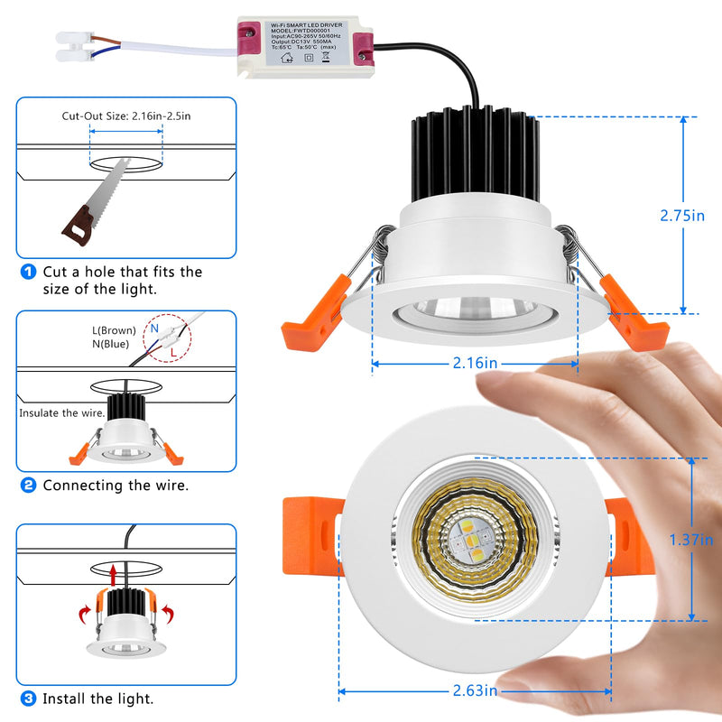2 Inch Smart Recessed Lighting, 5W WiFi LED Downlight, Dimmable RGB & CCT 2700K-6500K, Compatible with Alexa & Google Home, 120V Recessed Ceiling Light with LED Driver（4 Pack ） White Trim 4 Pack