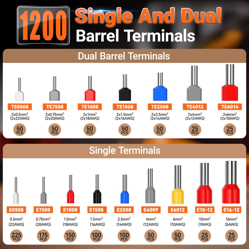 Ferrule Crimping Tool Kit, Preciva Upgrade Double & Single Ferrules Connectors,16-6 Hexagonal Ratchet Jaw Wire Crimping Pliers AWG 28-5 (0.08-16mm²) with 1200PCS Terminal Connector Sleeves CP94120