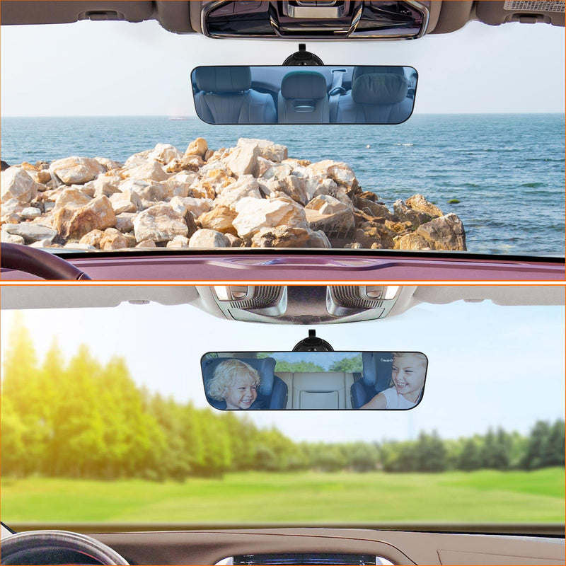 12'' Large Anti Glare Rear View Mirror with Suction Cup, Stick on Universal Frameless Inside Rearview Blue Mirror with Parabolic Wide Angle Mounted on Windshield for Car Marine Auto Boat Truck SUV Van