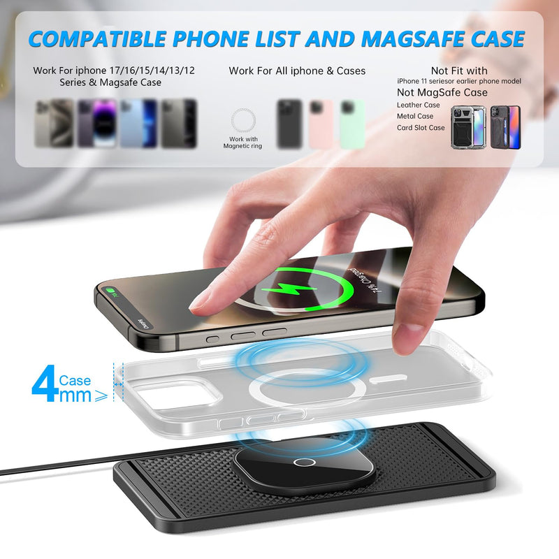 Magnetic Wireless Charger for Toyota Tacoma 2024 2025 2026 for Toyota 4Runner 2025 2026 15W Fast Wireless Car Phone Charger Pad Non-Slip Phone Holders for iPhone 17/16/15/14/13/12 black