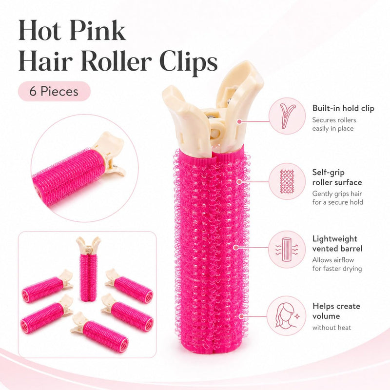 6 Piece Heatless Hair Curlers for Natural Volume and Lift, Self Grip Hair Rollers with Built in Clips, Reusable Curling Rollers for Fringe, Roots and Everyday Styling, Hot Pink