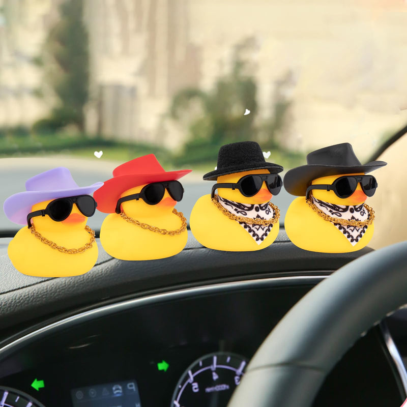 wonuu Car Rubber Duck, Yellow Duck Decoration Dashboard with Sun Hat Necklace Sunglasses for Car Dashboard Decorations, C-Duck-Black Cowboy Hat-Scarf