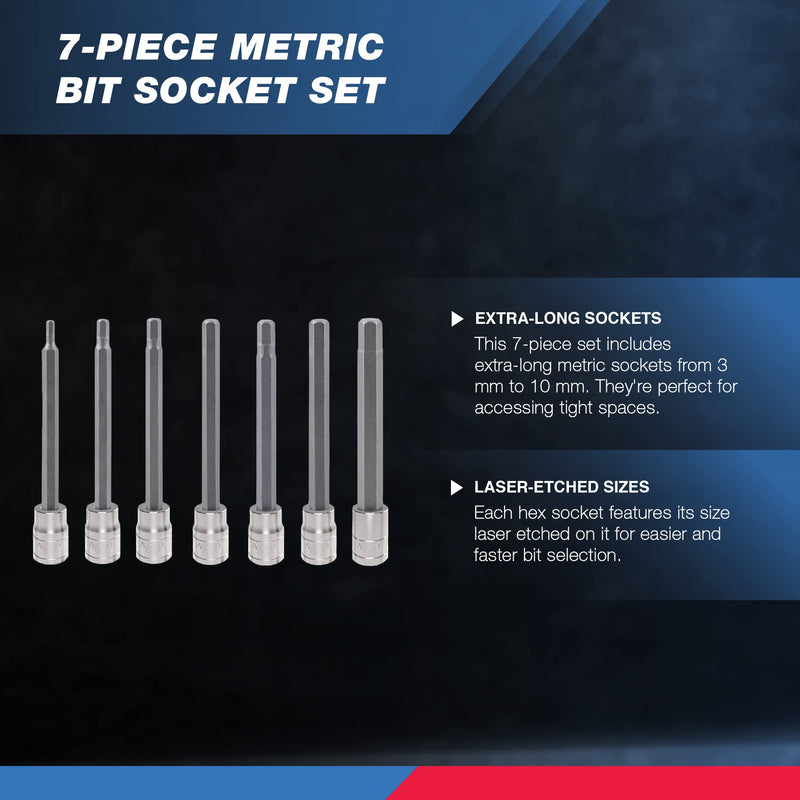 Neiko 10076A 3/8-Inch Drive Extra Long Allen Hex Bit Socket Set, Metric, 3 mm - 10 mm | S2 and Cr-V Steel, 7-Piece Set 7 Piece