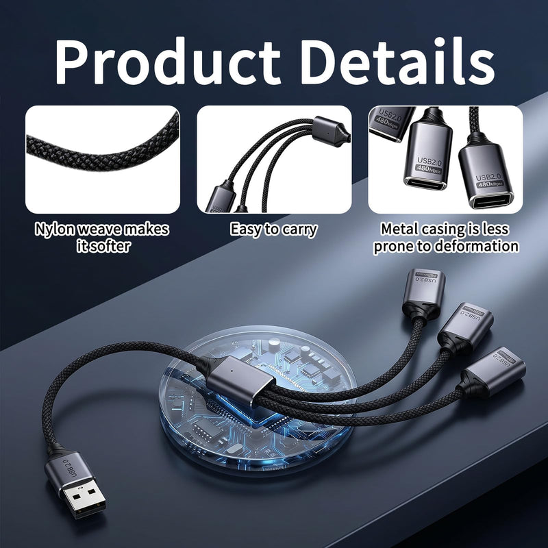 USB 2.0 Adapter USB Y Splitter 1 in 3 Out, 0.8Ft Male to 3 Female Extension Hub Cable for Car/PC/Laptop/Keyboard/Smartphone/Flash Drive Data Transmission (Black)