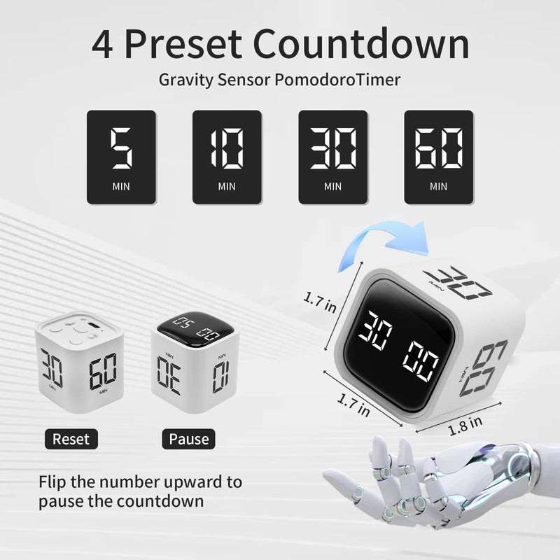 Productivity Timer Flip Gravity Sensor Cube Timer Countdown & Countup,Mute & Vibrate & Sound，5/10/30/60min & Custom Timing, Perfect for ADHD,Work,Learning,Kitchen Cooking White 2