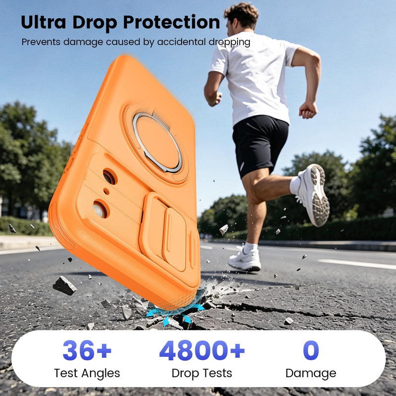 Ruky for iPhone 17 ProMax Case with Slide Camera Cover and Stand, Orange | Wallet Card Holder & Screen Protector [Not Support Wireless Charging] Military-Grade Drop Protection Phone Cover, Orange