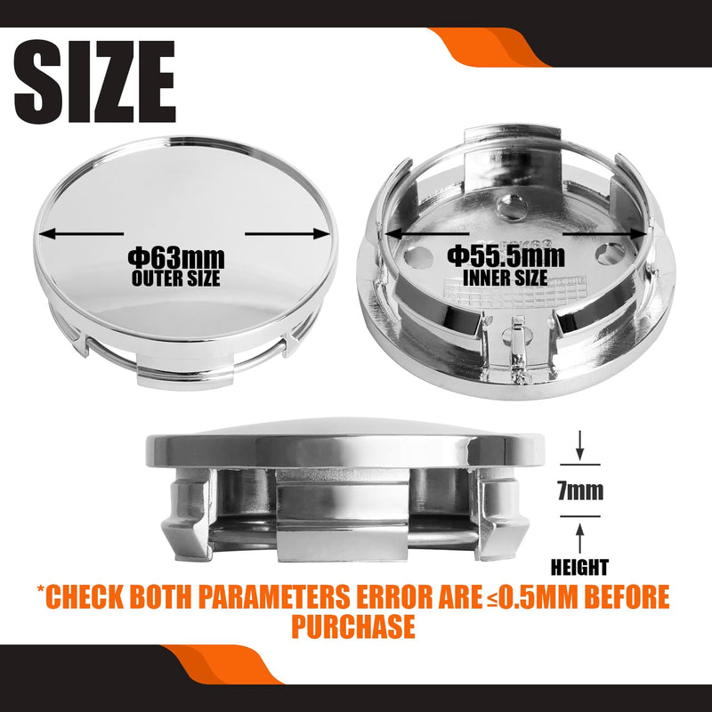 2.5Inch 63MM Wheel Center Caps for Dodge RAM 1500 Rim Hub Caps 6KF18TRMAA, Pack of 4 (Chrome, Outer 63MM, Inner 56MM, Easy DIY Installation) Outer 63.0MM , Inner 55.5MM Chrome