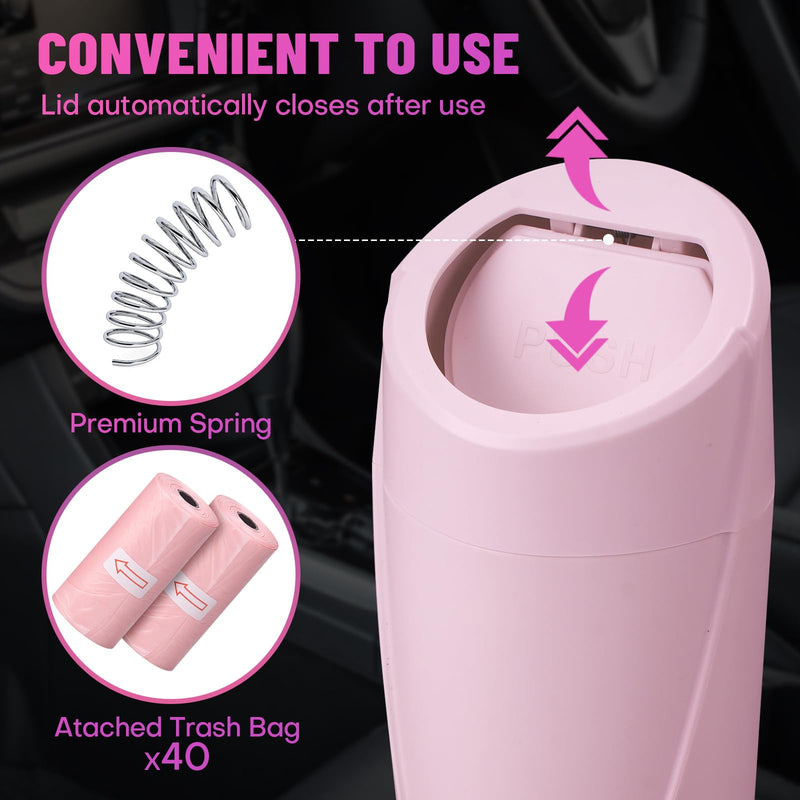 Pink Mini Leakproof Vehicle Trash Bin with Lid - Garbage Can for Car Cup Holder - 20pcs Trash Bags - Car Organizers and Storage for Front Back Seat Accessories Pink 1
