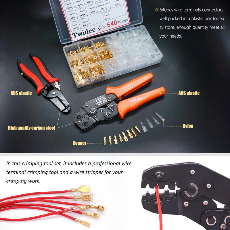 Twidec/640Pcs 2.8/4.8/6.3mm Quick Splice Male and Female Wire Spade Connector Crimp Terminal Golden Kit with Wire Terminal Crimping Pliers Tools 26-16AMG for Electrical Wiring Car Audio Speaker Gold 640PCS+SN-48B