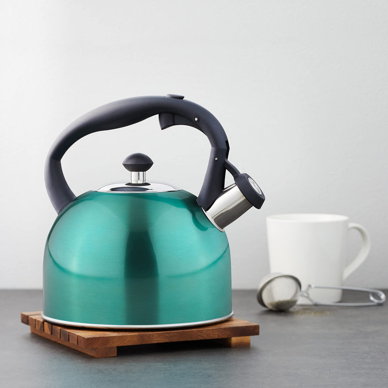 Amazon Basics Stovetop Whistling Tea Kettle, Fast Boiling, Stainless Steel, Food Grade, Ergonomic Handle, 2.3 Liter, Teal 2.3 Liters
