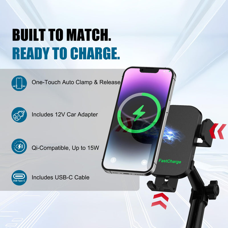 2 in 1 Auto-Clamping Cup Phone Holder for Car, 15W Fast Wireless Charging Cup Holder Phone Mount with USB-C Cable and 12V Car Adapter, Adjustable Car Cup Expander for Large Bottles