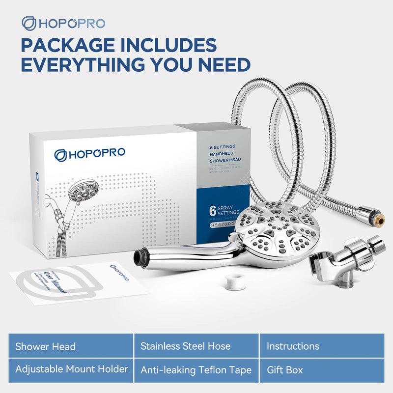 6-Mode High Pressure Handheld Shower Head Set, Consumer Reports Recommended HOPOPRO High Flow Hand Held Showerhead with 59 Inch Hose Bracket Teflon Tape Rubber Washers 6 Modes Luxury Chrome