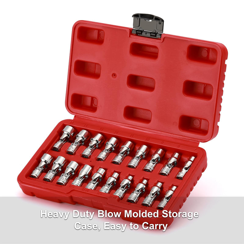 CASOMAN 19PCS 1/4" Drive Universal Joint Socket Set, Metric(5mm to 15mm) & SAE(3/16" to 9/16"), Flexible Wobble Sockets for Easier Access to Tight Spaces, 6-Point, Cr-V 1/4"Dr. Metric & SAE