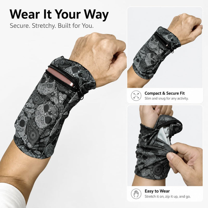 1 Pack Running Phone Armband Holder, Zipper Wrist Arm Pouch for Workout Gym Jogging Pocket for Phone Keys Cards Men Women Skull