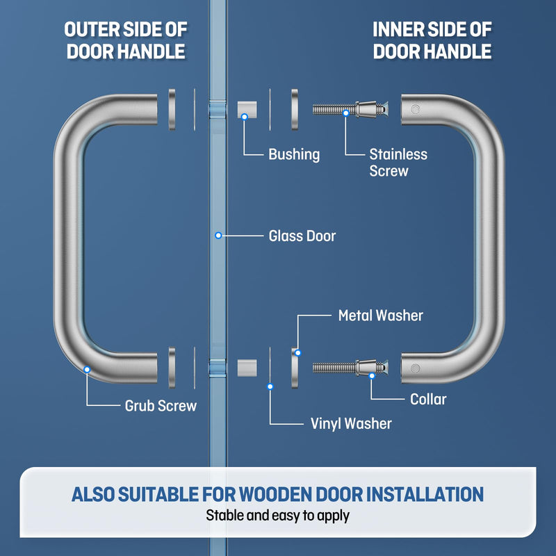 Ranbo Brushed Nickel 6" （CTC） Tubular Back-to-Back Shower Door Handle，3/4" Diameter Pull Handles with Metal Washers, for 1/4"- 1/2" Thick Glass and 1-3/8" - 2-1/6" Thick Wooden or Metal Doors 6 Inch