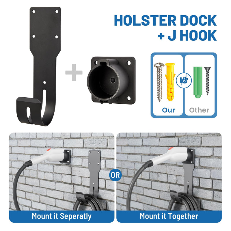 MECMO EV Charger Holder SAE J1772 Nozzle Holster Dock and J-Hook Combination Wall Mount, EVSE Electric Vehicle Car Charger Cable Organizer EV Charger Cord Wall Hook Cable Holder J1772 Connector