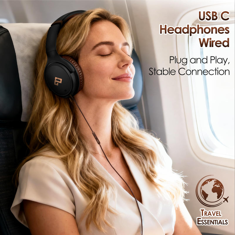 USB C Headphones for School Wired Headphones with Microphone-Brown Headset | Lightweight/Foldable/Adjustable/Comfortable Over Ear Headphones for iPad/Travel/iPhone 17, Back-to-School Season, Teen Gifts Brown