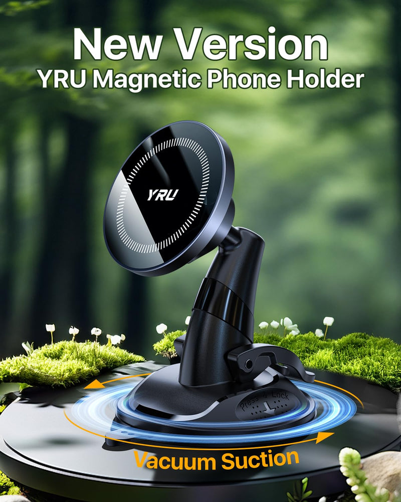 YRU [True Upgraded Military-Grade] Phone Holder for Magsafe Car Mount 360° Rotating Vacuum Suction Dashboard, 2800gf Strongest Magnetic Windshield Phone Mount for iPhone 16 Pro Max 15 14 13, Black
